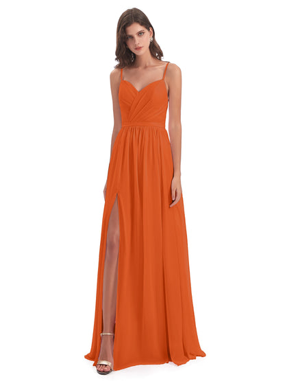 Kimora Spaghetti Straps Chiffon Long Bridesmaid Dresses with Slit