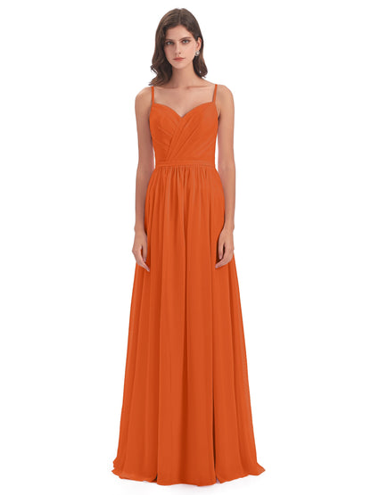 Kimora Spaghetti Straps Chiffon Long Bridesmaid Dresses with Slit