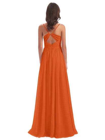 Kimora Spaghetti Straps Chiffon Long Bridesmaid Dresses with Slit