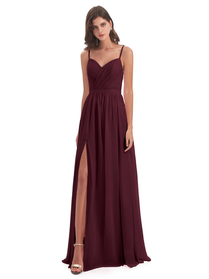 Kimora Spaghetti Straps Chiffon Long Bridesmaid Dresses with Slit