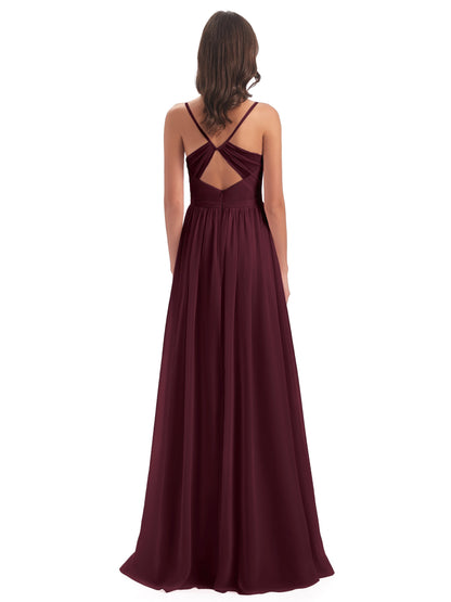 Kimora Spaghetti Straps Chiffon Long Bridesmaid Dresses with Slit