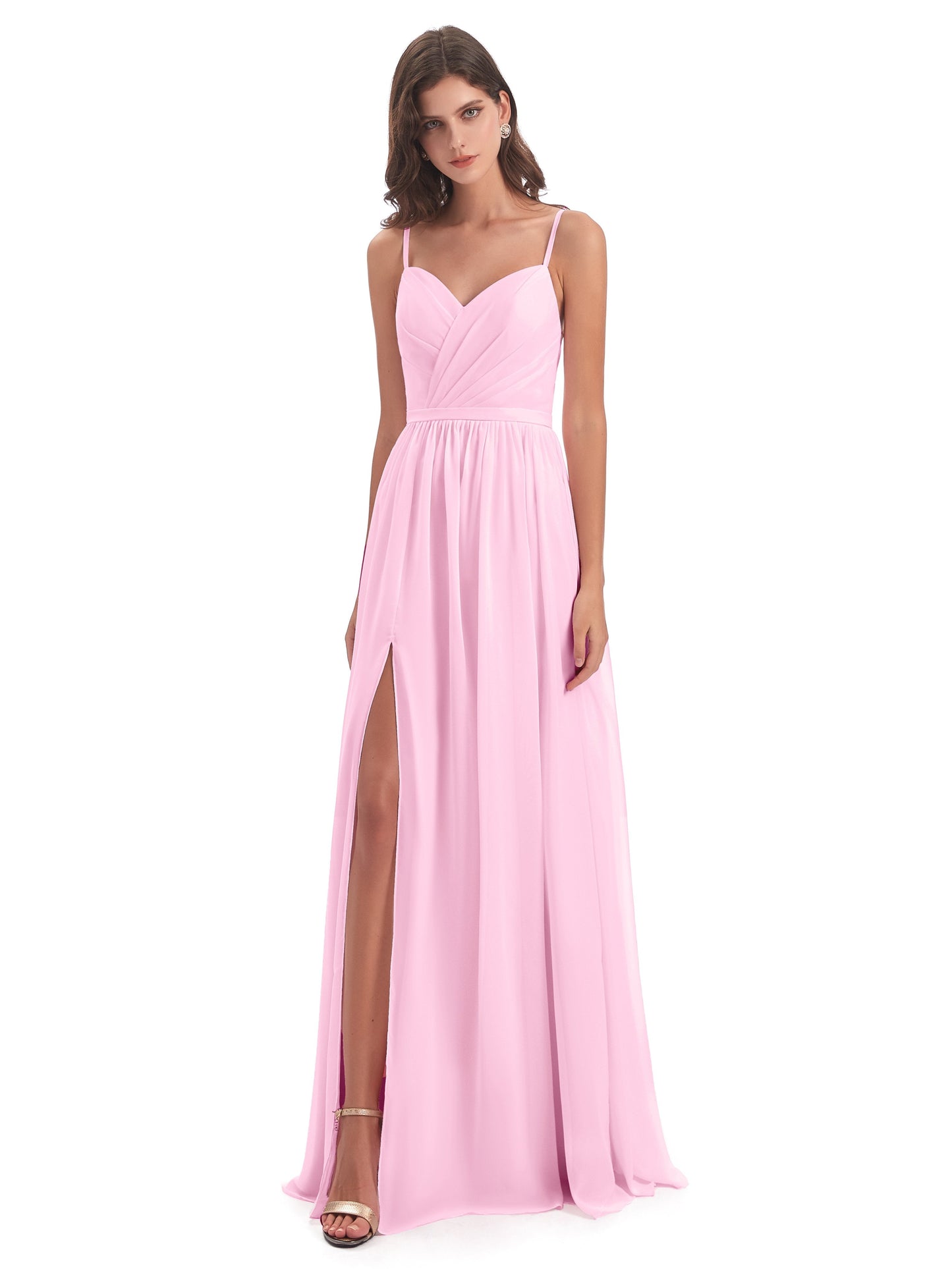 Kimora Spaghetti Straps Chiffon Long Bridesmaid Dresses with Slit