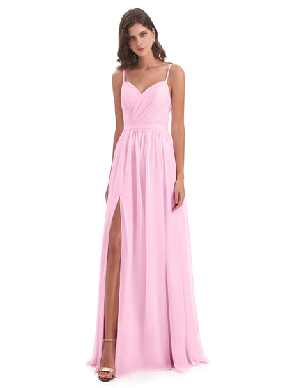 Kimora Spaghetti Straps Chiffon Long Bridesmaid Dresses with Slit