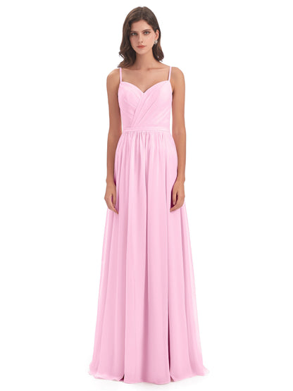 Kimora Spaghetti Straps Chiffon Long Bridesmaid Dresses with Slit