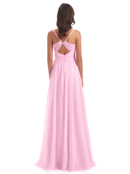 Kimora Spaghetti Straps Chiffon Long Bridesmaid Dresses with Slit