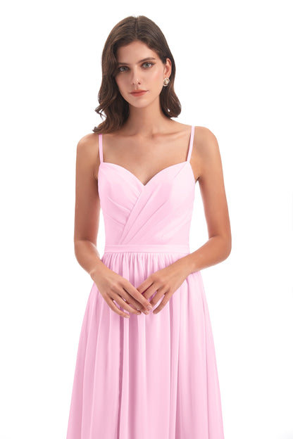 Kimora Spaghetti Straps Chiffon Long Bridesmaid Dresses with Slit