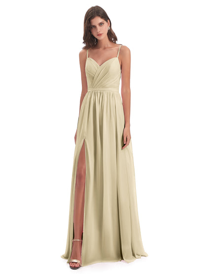Kimora Spaghetti Straps Chiffon Long Bridesmaid Dresses with Slit
