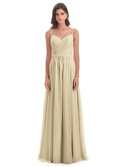 Kimora Spaghetti Straps Chiffon Long Bridesmaid Dresses with Slit