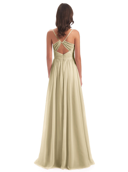 Kimora Spaghetti Straps Chiffon Long Bridesmaid Dresses with Slit