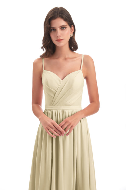 Kimora Spaghetti Straps Chiffon Long Bridesmaid Dresses with Slit