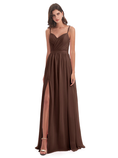 Kimora Spaghetti Straps Chiffon Long Bridesmaid Dresses with Slit