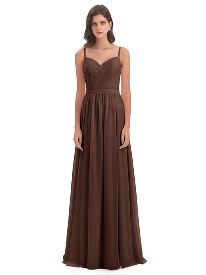 Kimora Spaghetti Straps Chiffon Long Bridesmaid Dresses with Slit
