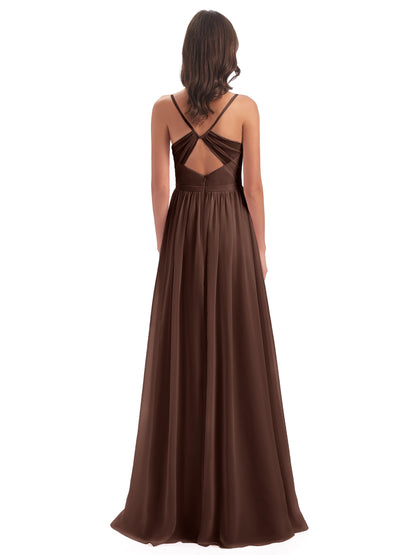 Kimora Spaghetti Straps Chiffon Long Bridesmaid Dresses with Slit