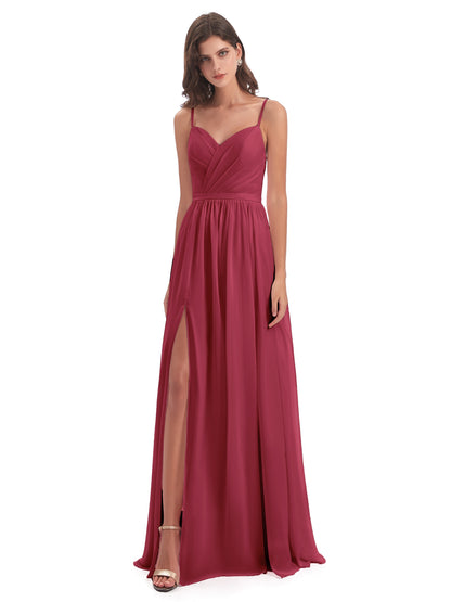 Kimora Spaghetti Straps Chiffon Long Bridesmaid Dresses with Slit