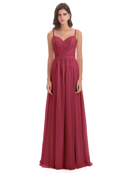 Kimora Spaghetti Straps Chiffon Long Bridesmaid Dresses with Slit