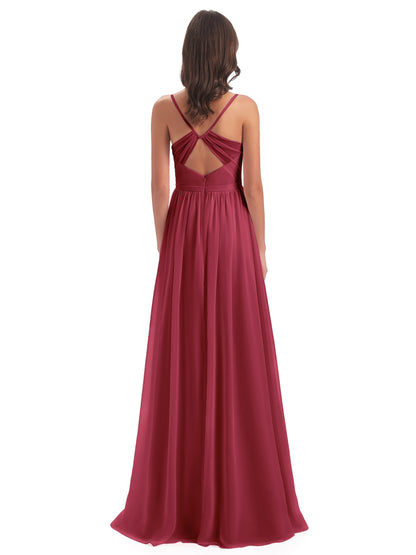 Kimora Spaghetti Straps Chiffon Long Bridesmaid Dresses with Slit