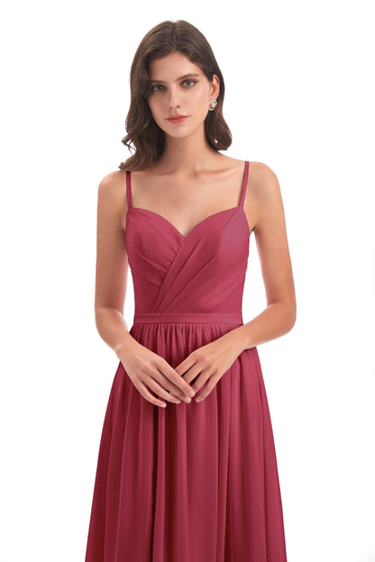 Kimora Spaghetti Straps Chiffon Long Bridesmaid Dresses with Slit