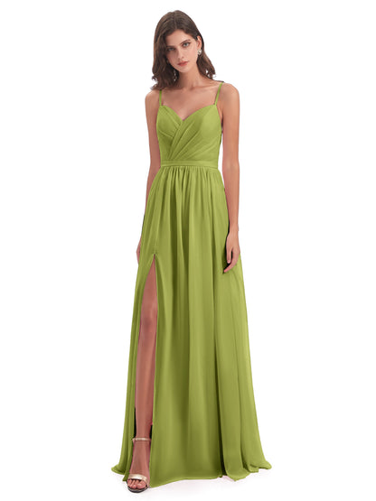 Kimora Spaghetti Straps Chiffon Long Bridesmaid Dresses with Slit