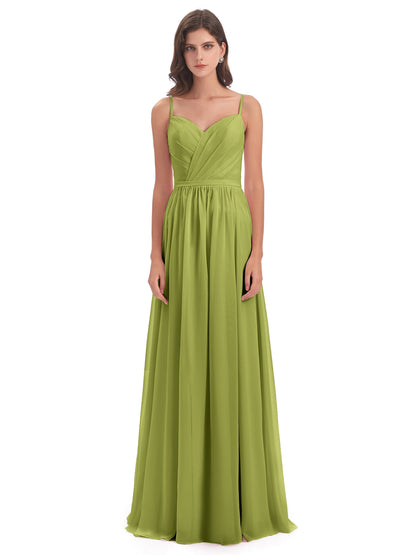 Kimora Spaghetti Straps Chiffon Long Bridesmaid Dresses with Slit