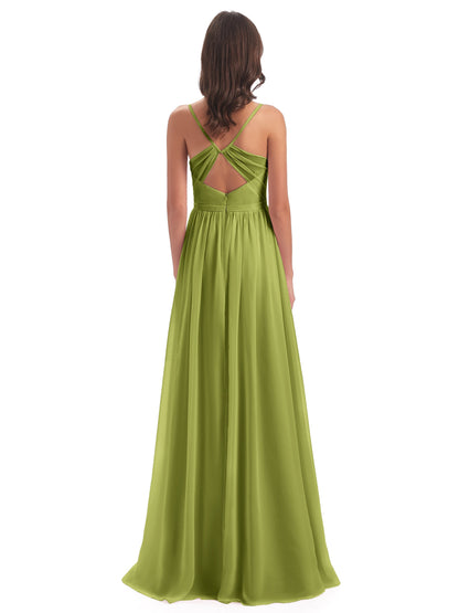 Kimora Spaghetti Straps Chiffon Long Bridesmaid Dresses with Slit