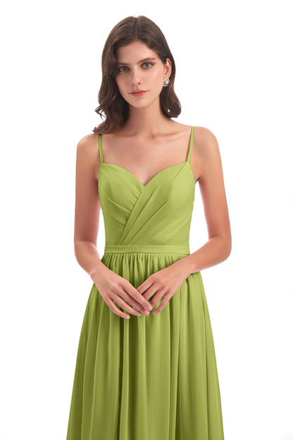 Kimora Spaghetti Straps Chiffon Long Bridesmaid Dresses with Slit