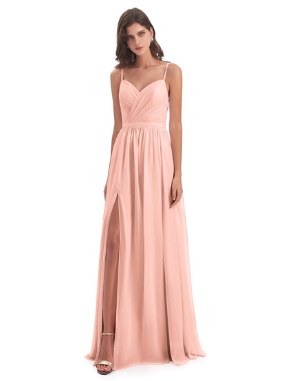 Kimora Spaghetti Straps Chiffon Long Bridesmaid Dresses with Slit