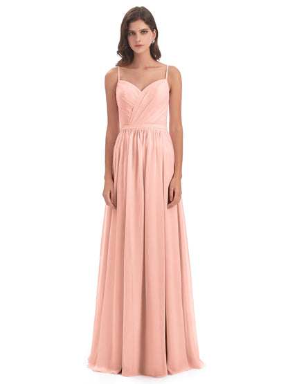 Kimora Spaghetti Straps Chiffon Long Bridesmaid Dresses with Slit