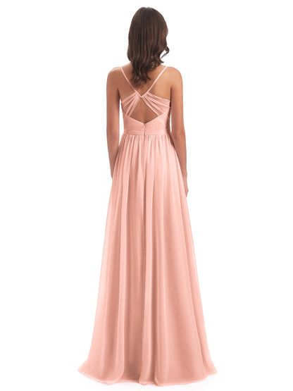 Kimora Spaghetti Straps Chiffon Long Bridesmaid Dresses with Slit