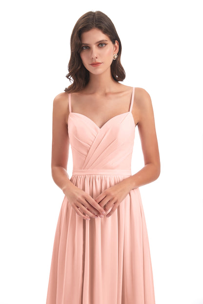 Kimora Spaghetti Straps Chiffon Long Bridesmaid Dresses with Slit