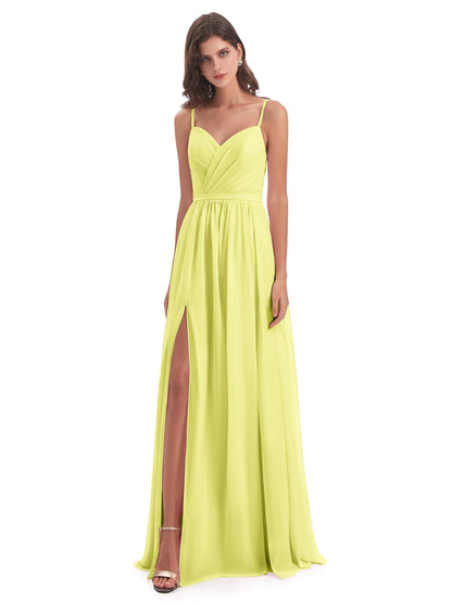 Kimora Spaghetti Straps Chiffon Long Bridesmaid Dresses with Slit