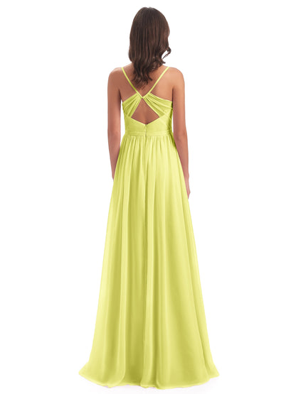 Kimora Spaghetti Straps Chiffon Long Bridesmaid Dresses with Slit