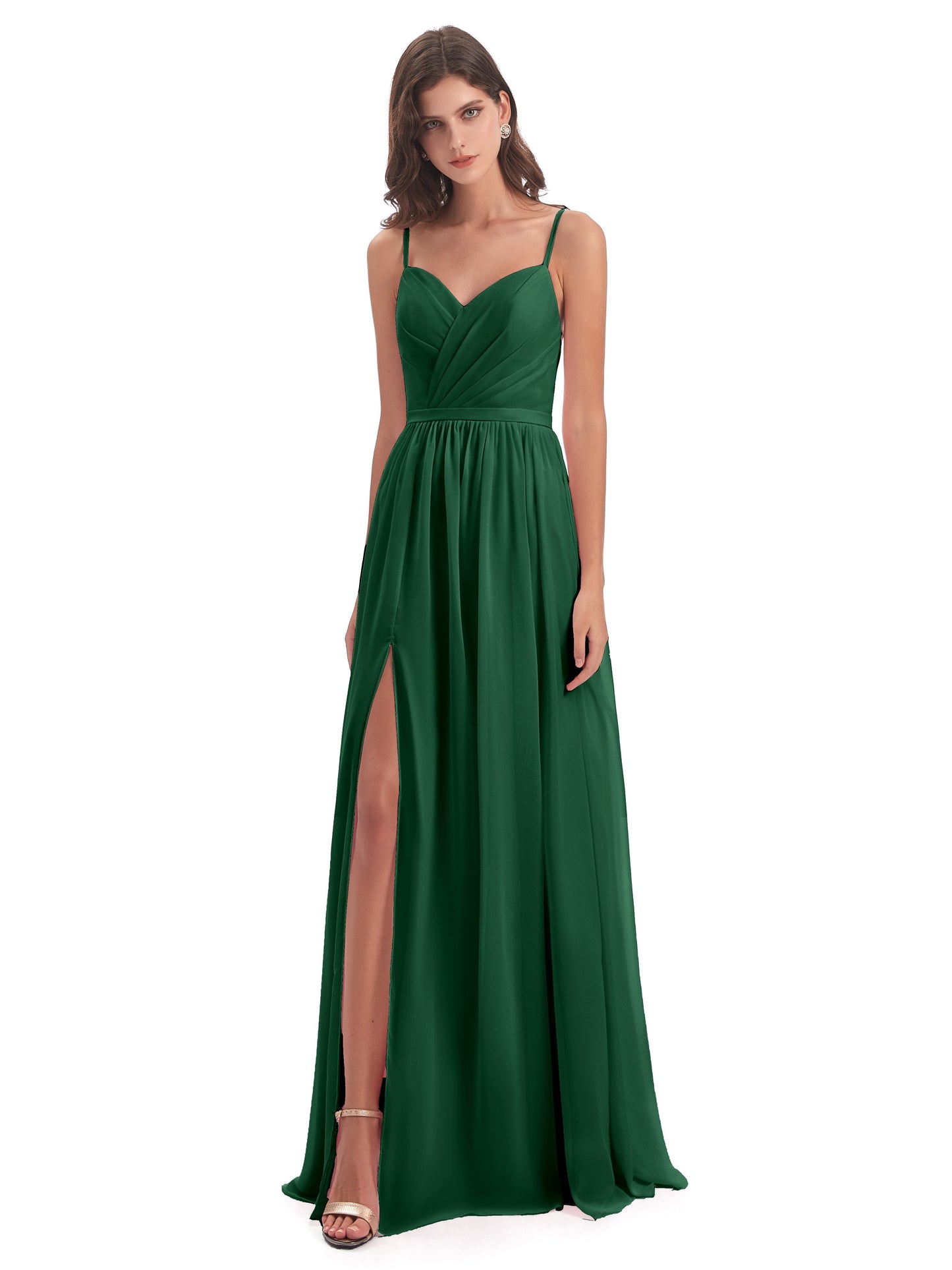 Kimora Spaghetti Straps Chiffon Long Bridesmaid Dresses with Slit