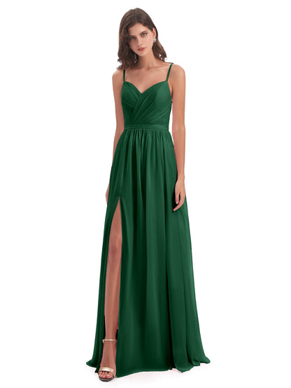 Kimora Spaghetti Straps Chiffon Long Bridesmaid Dresses with Slit