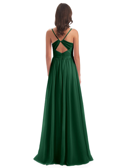 Kimora Spaghetti Straps Chiffon Long Bridesmaid Dresses with Slit