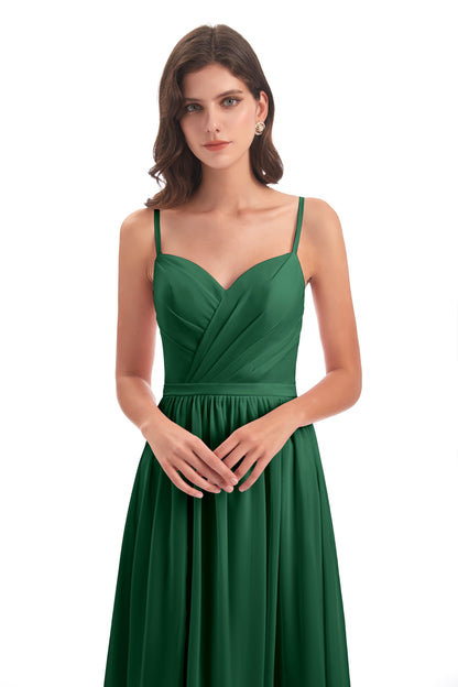 Kimora Spaghetti Straps Chiffon Long Bridesmaid Dresses with Slit