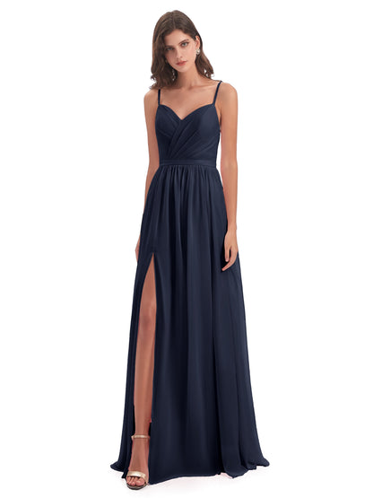 Kimora Spaghetti Straps Chiffon Long Bridesmaid Dresses with Slit
