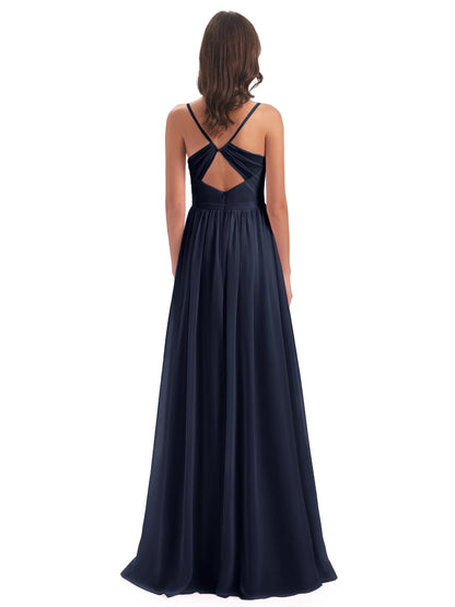 Kimora Spaghetti Straps Chiffon Long Bridesmaid Dresses with Slit
