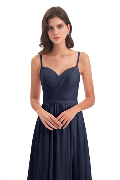 Kimora Spaghetti Straps Chiffon Long Bridesmaid Dresses with Slit
