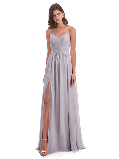 Kimora Spaghetti Straps Chiffon Long Bridesmaid Dresses with Slit