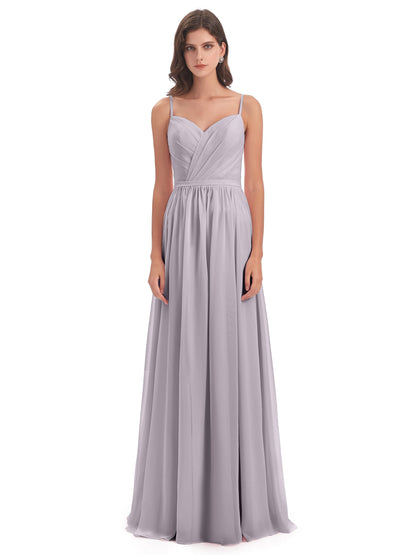 Kimora Spaghetti Straps Chiffon Long Bridesmaid Dresses with Slit