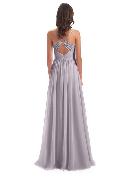 Kimora Spaghetti Straps Chiffon Long Bridesmaid Dresses with Slit