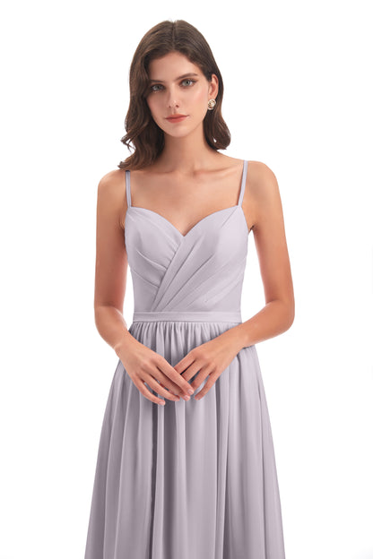 Kimora Spaghetti Straps Chiffon Long Bridesmaid Dresses with Slit