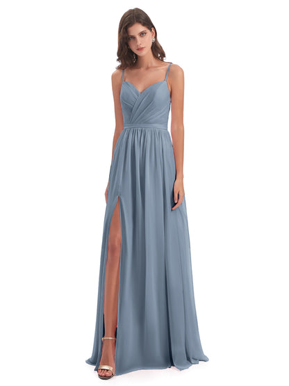 Kimora Spaghetti Straps Chiffon Long Bridesmaid Dresses with Slit