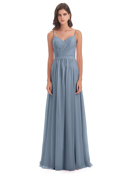 Kimora Spaghetti Straps Chiffon Long Bridesmaid Dresses with Slit