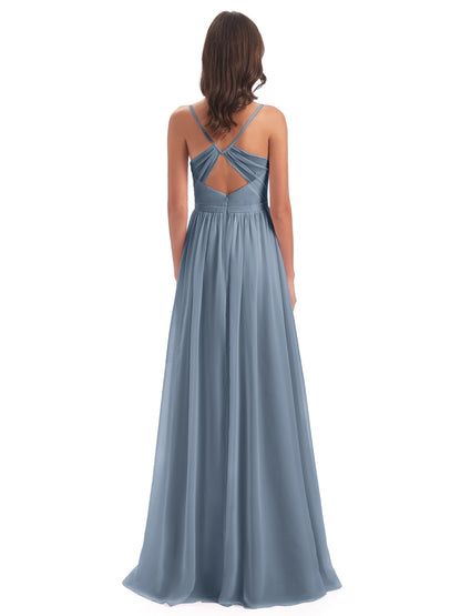 Kimora Spaghetti Straps Chiffon Long Bridesmaid Dresses with Slit