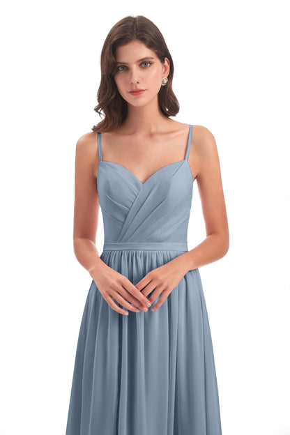 Kimora Spaghetti Straps Chiffon Long Bridesmaid Dresses with Slit