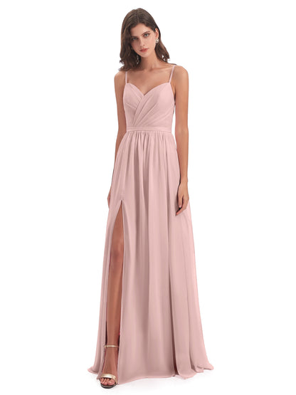 Kimora Spaghetti Straps Chiffon Long Bridesmaid Dresses with Slit