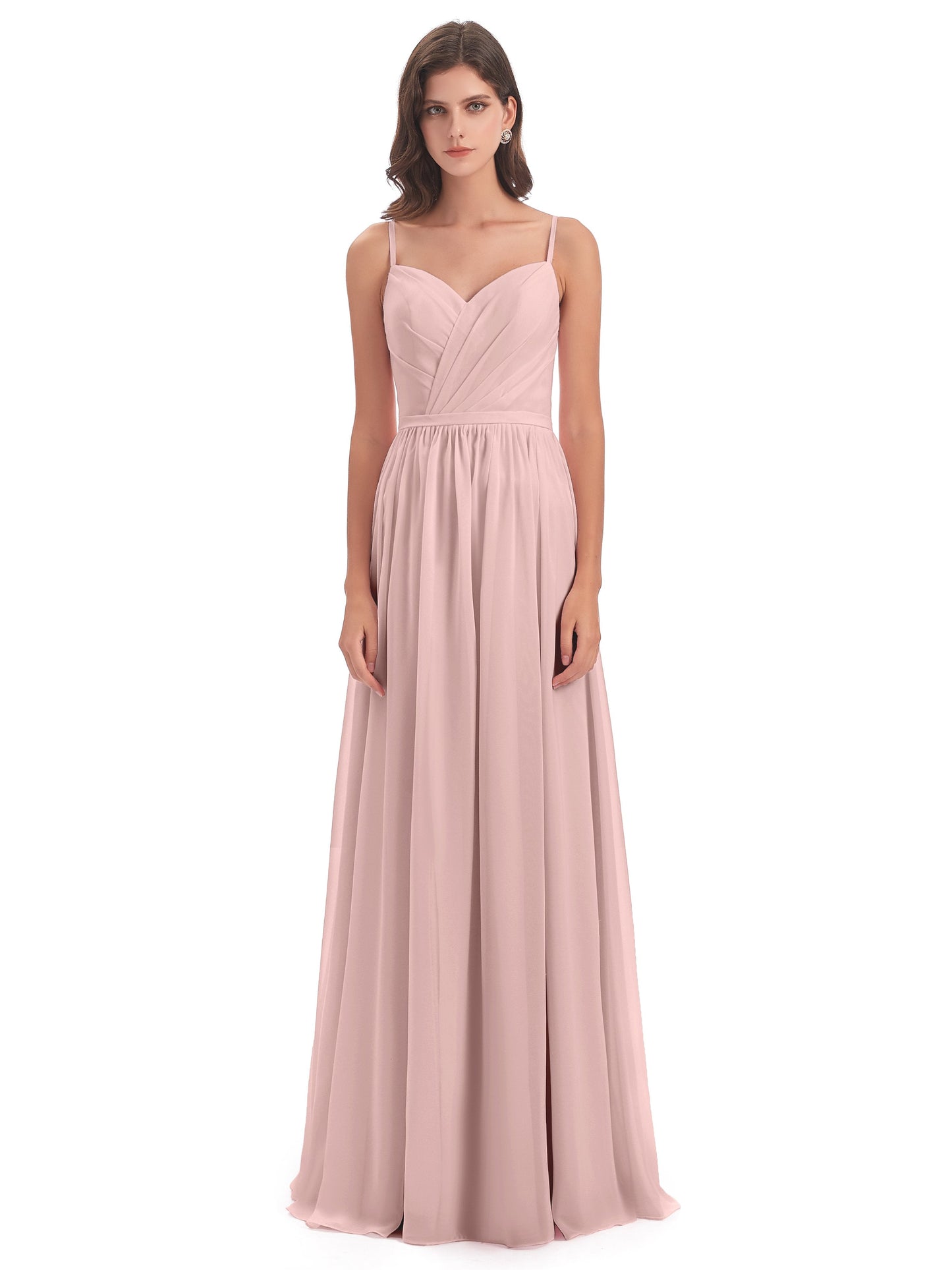 Kimora Spaghetti Straps Chiffon Long Bridesmaid Dresses with Slit
