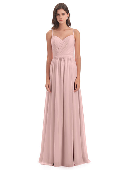 Kimora Spaghetti Straps Chiffon Long Bridesmaid Dresses with Slit