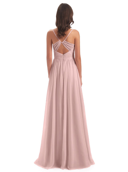 Kimora Spaghetti Straps Chiffon Long Bridesmaid Dresses with Slit